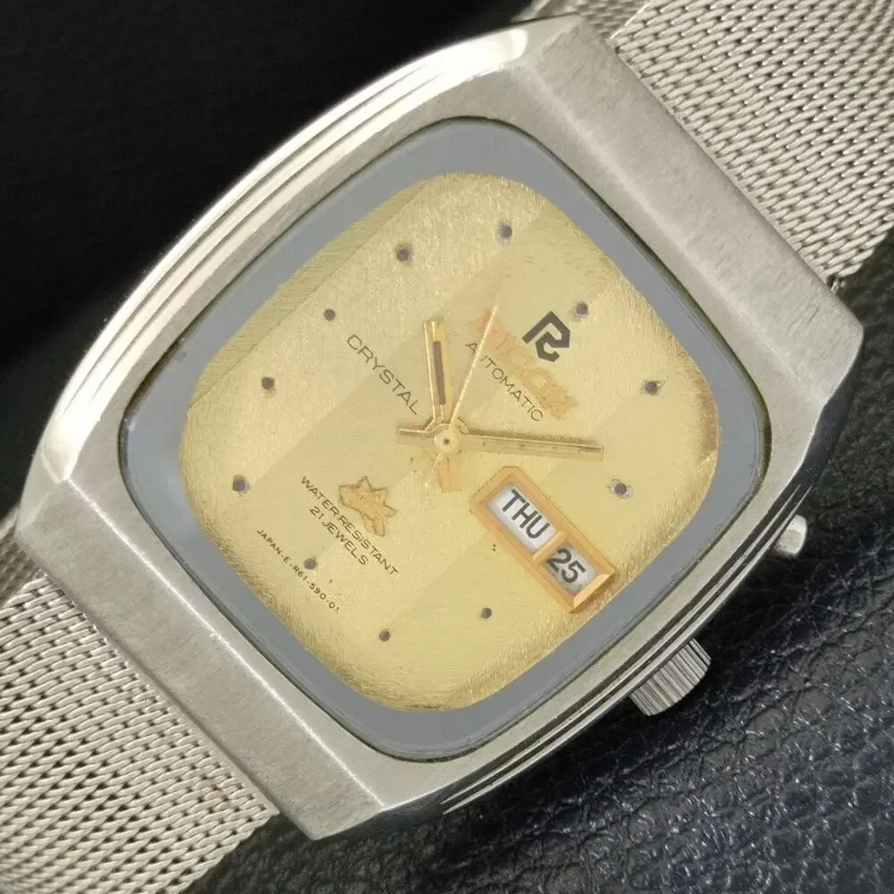 Vintage 1997 Square Ricoh Automatic Mens Silver Watch W/daydate & Gold accents
